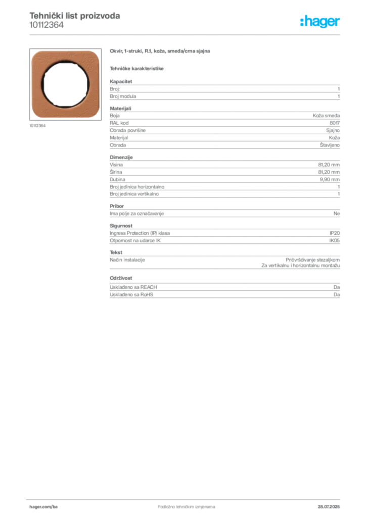 Slika Hager Product data sheet 10112364  | Hager