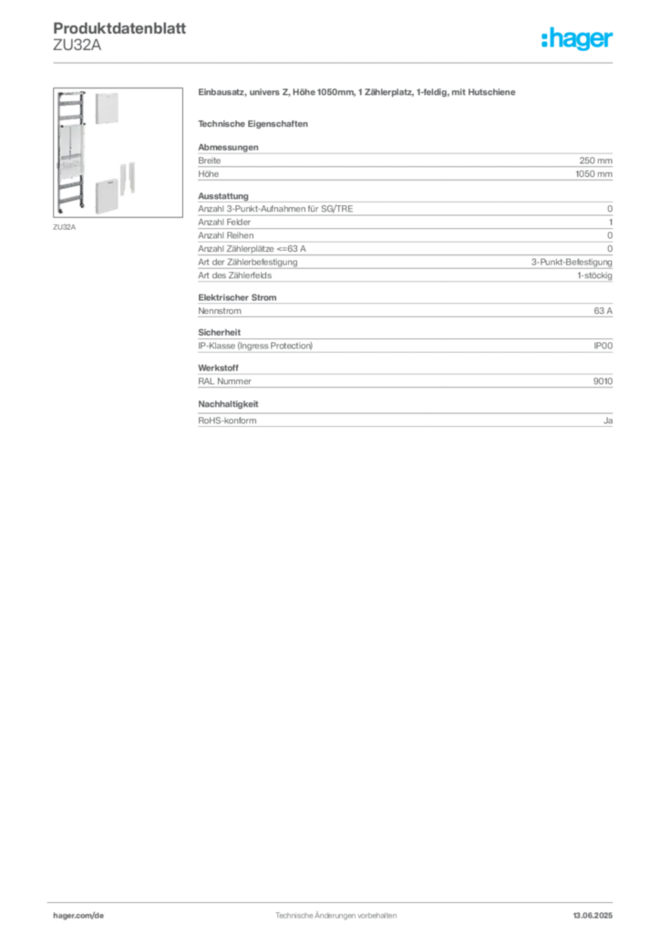 Bild Hager Produktdatenblatt ZU32A | Hager Deutschland