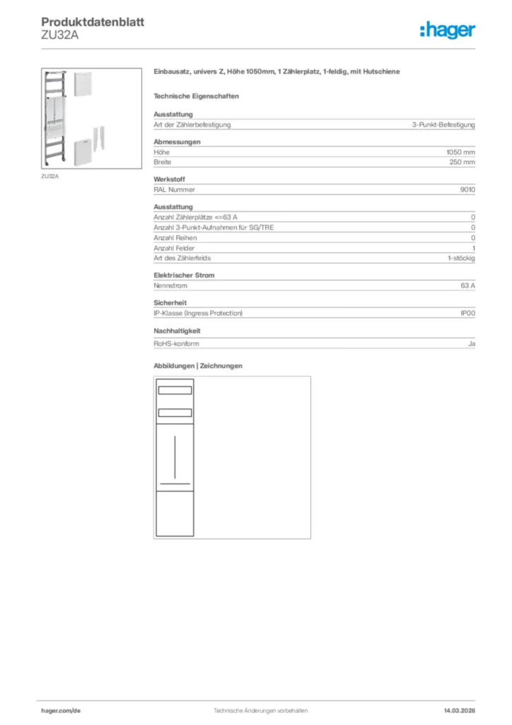 Bild Hager Produktdatenblatt ZU32A | Hager Deutschland