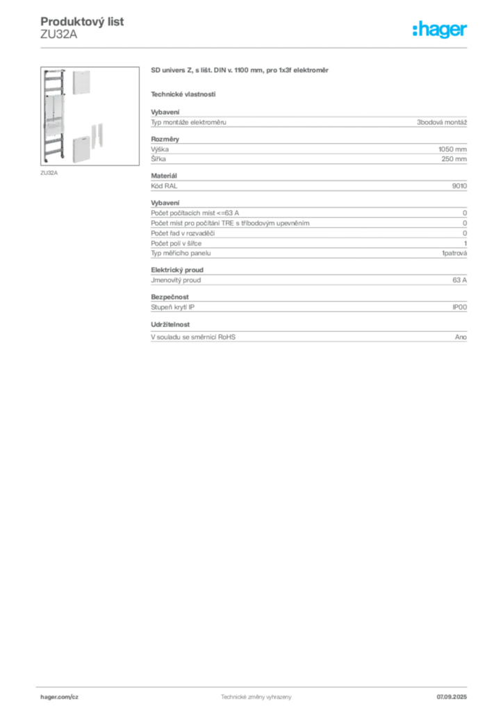 Obrázek Hager Produktový list ZU32A | Hager