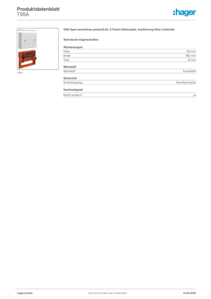 Bild Hager Produktdatenblatt T95A | Hager Deutschland