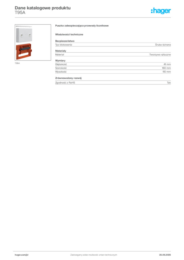 Zdjęcie Hager Karta katalogowa T95A | Hager Polska