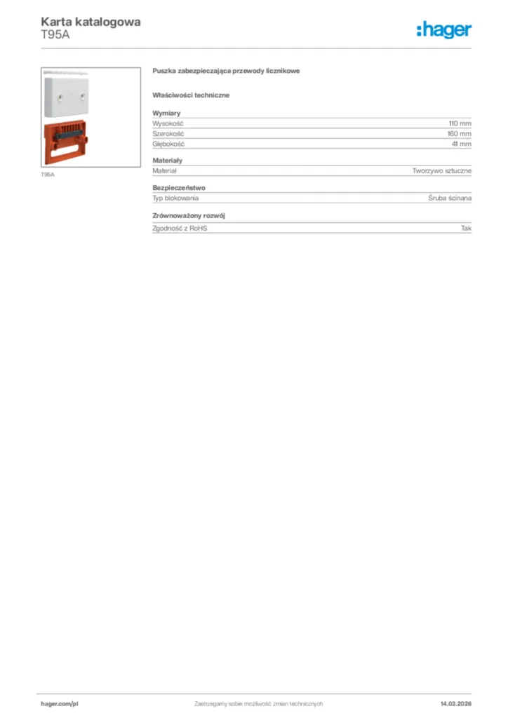Zdjęcie Hager Karta katalogowa T95A | Hager Polska