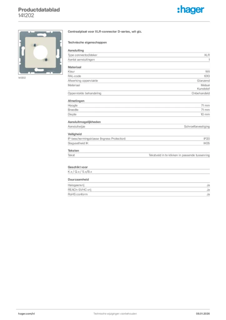 Afbeelding Hager Productdatablad 141202 | Hager Nederland