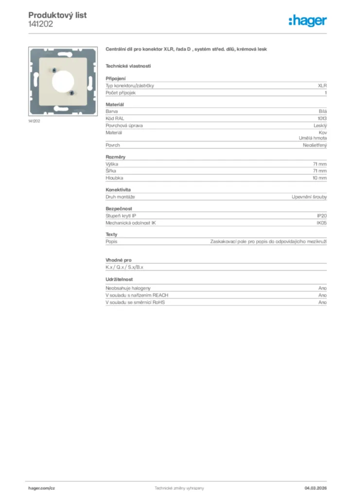 Obrázek Hager Product data sheet 141202 | Hager