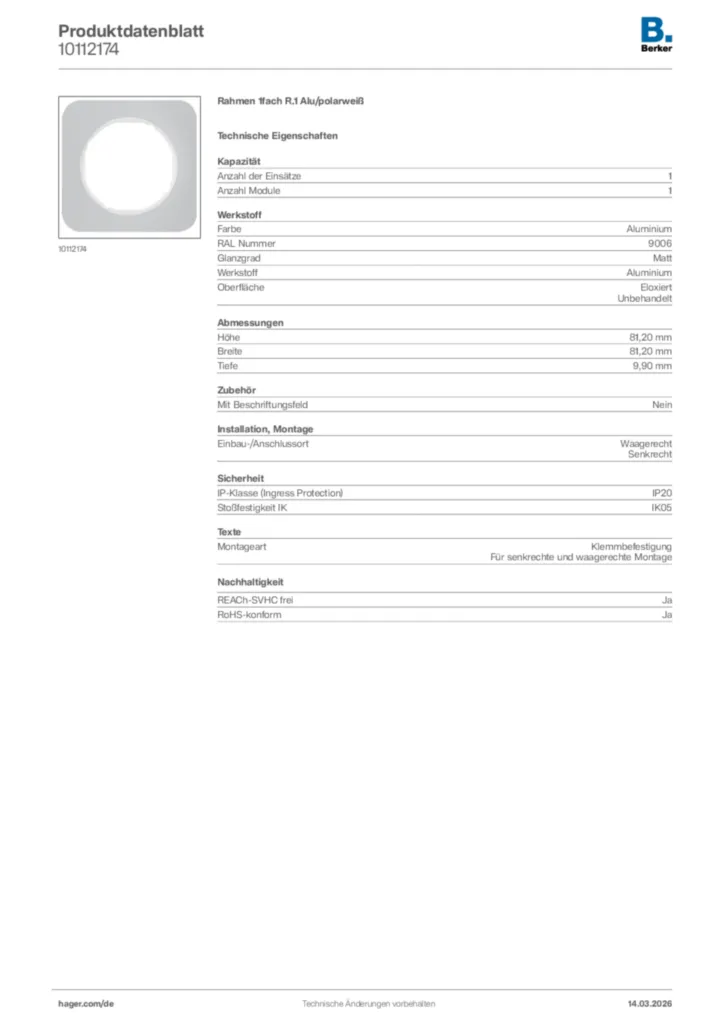 Bild Berker Produktdatenblatt 10112174 | Hager Deutschland