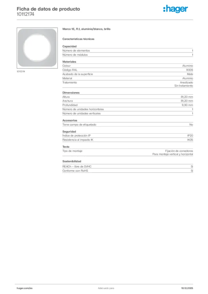 Imagen Hager Ficha de datos de producto 10112174 | Hager España