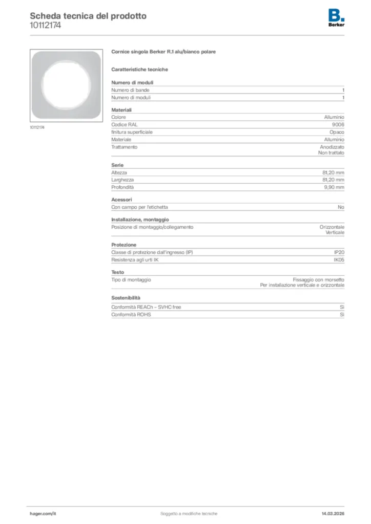 Immagine Berker Scheda tecnica del prodotto 10112174 | Hager Italia
