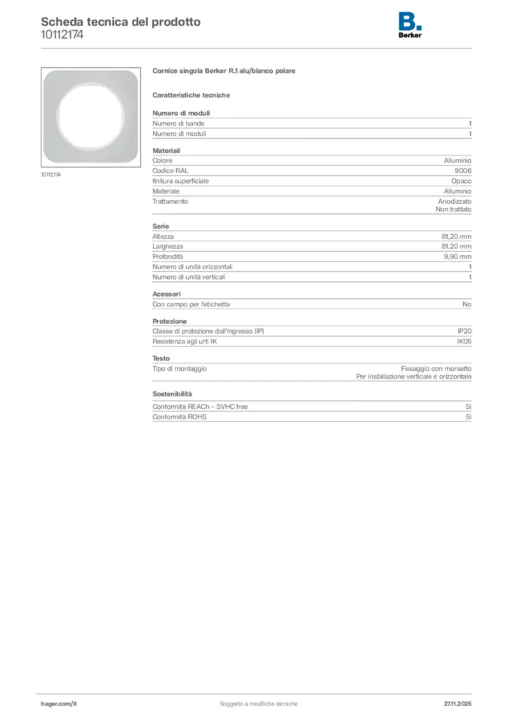 Immagine Berker Scheda tecnica del prodotto 10112174 | Hager Italia