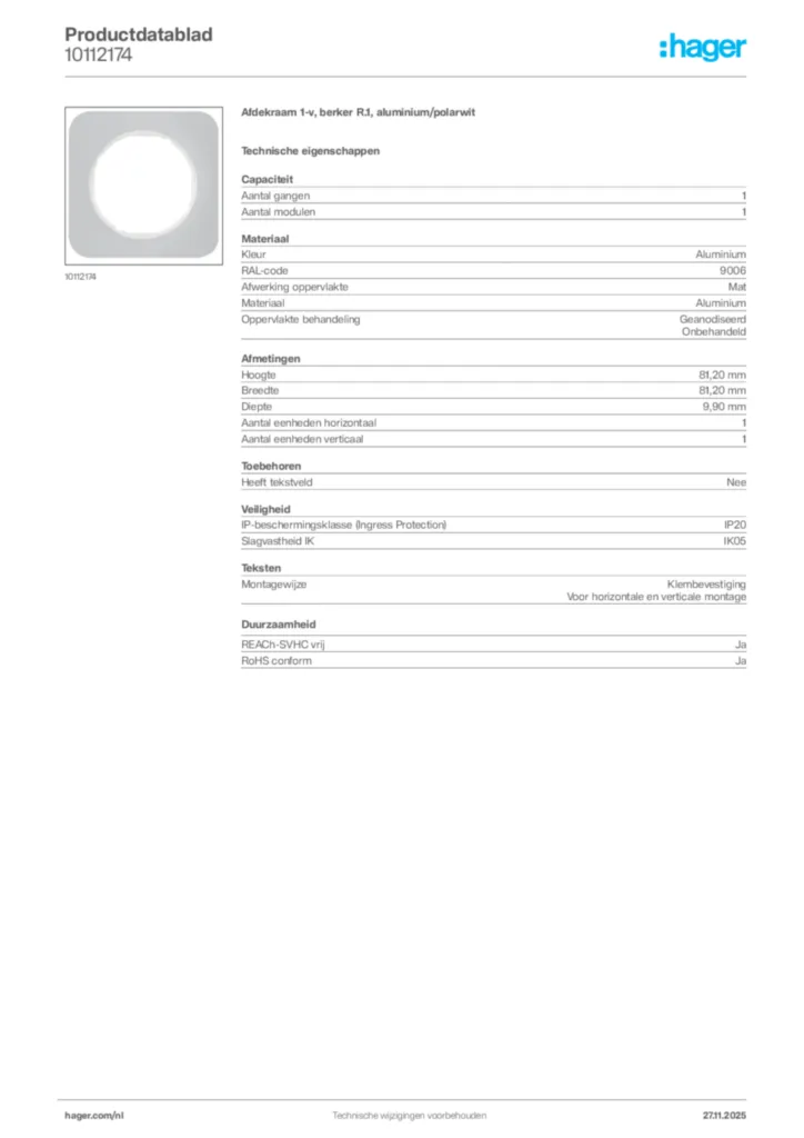 Afbeelding Hager Productdatablad 10112174 | Hager Nederland