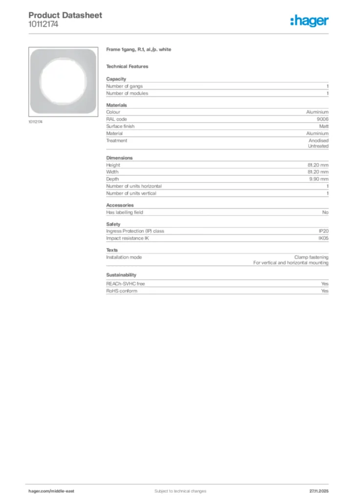 Image Hager Product data sheet 10112174  | Hager