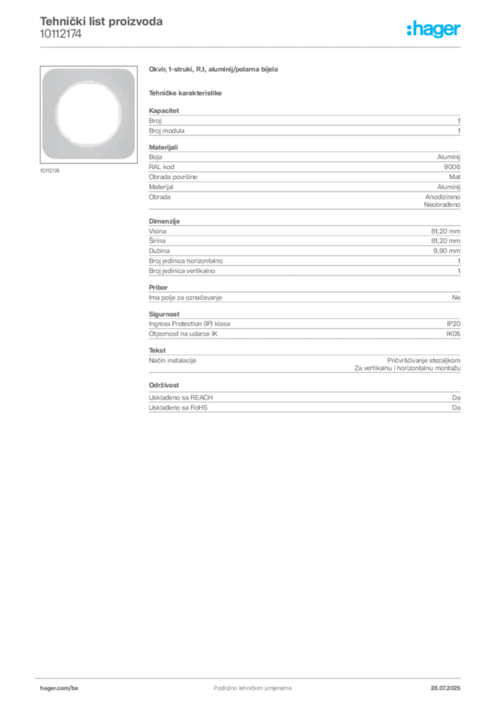 Slika Hager Product data sheet 10112174  | Hager