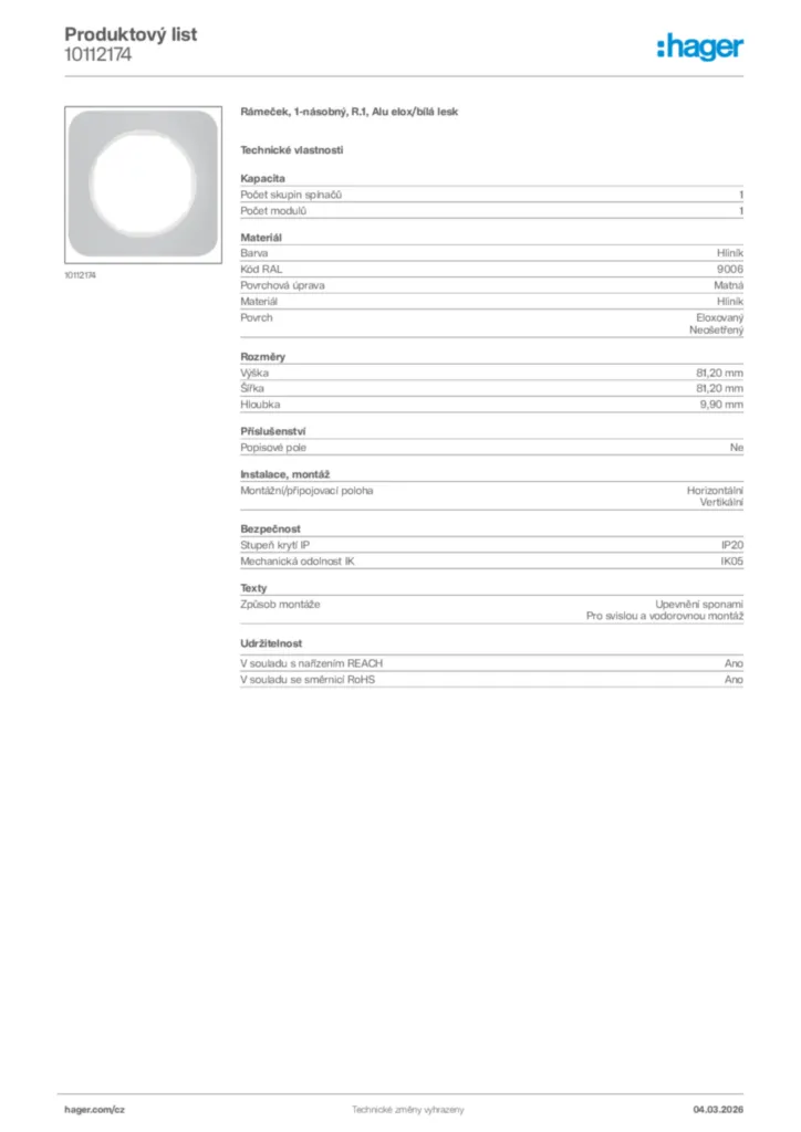 Obrázek Hager Product data sheet 10112174 | Hager