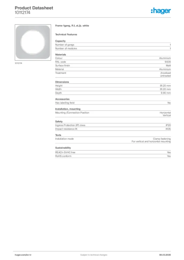 Image Hager Product data sheet 10112174  | Hager