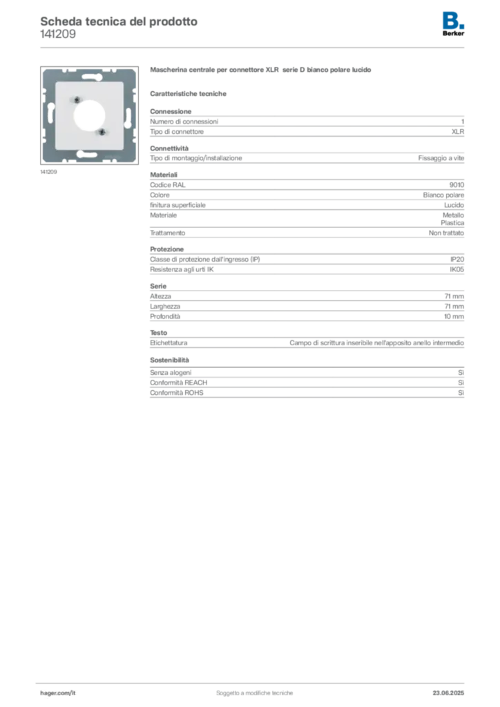 Immagine Berker Scheda tecnica del prodotto 141209 | Hager Italia