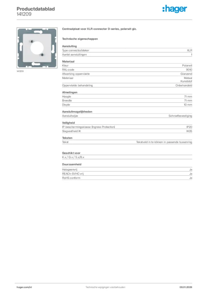 Afbeelding Hager Productdatablad 141209 | Hager Nederland