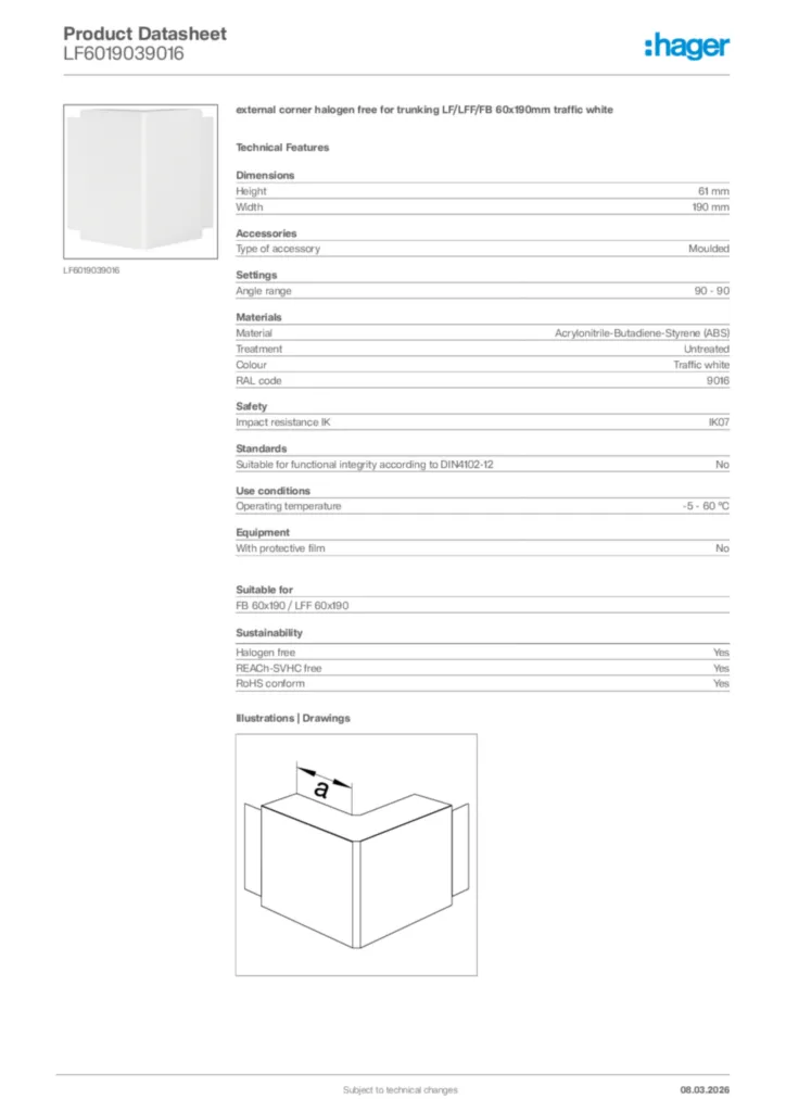 Image Hager Product data sheet LF6019039016  | Hager Africa