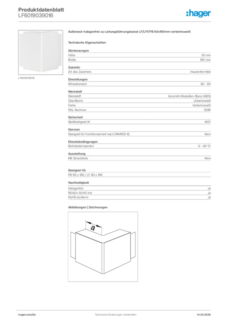 Bild Hager Produktdatenblatt LF6019039016 | Hager Deutschland