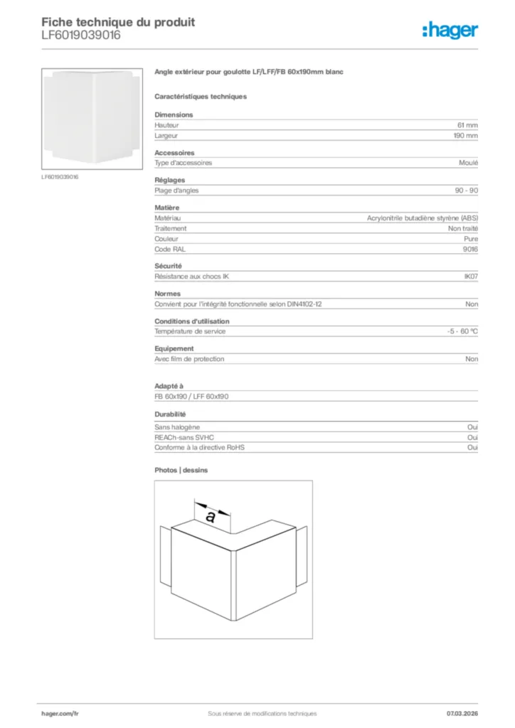 Image Hager Fiche technique du produit LF6019039016 | Hager France