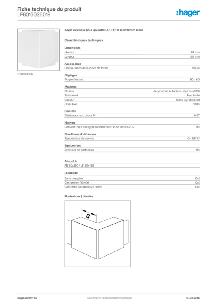 Image Hager Fiche technique du produit LF6019039016 | Hager Belgique