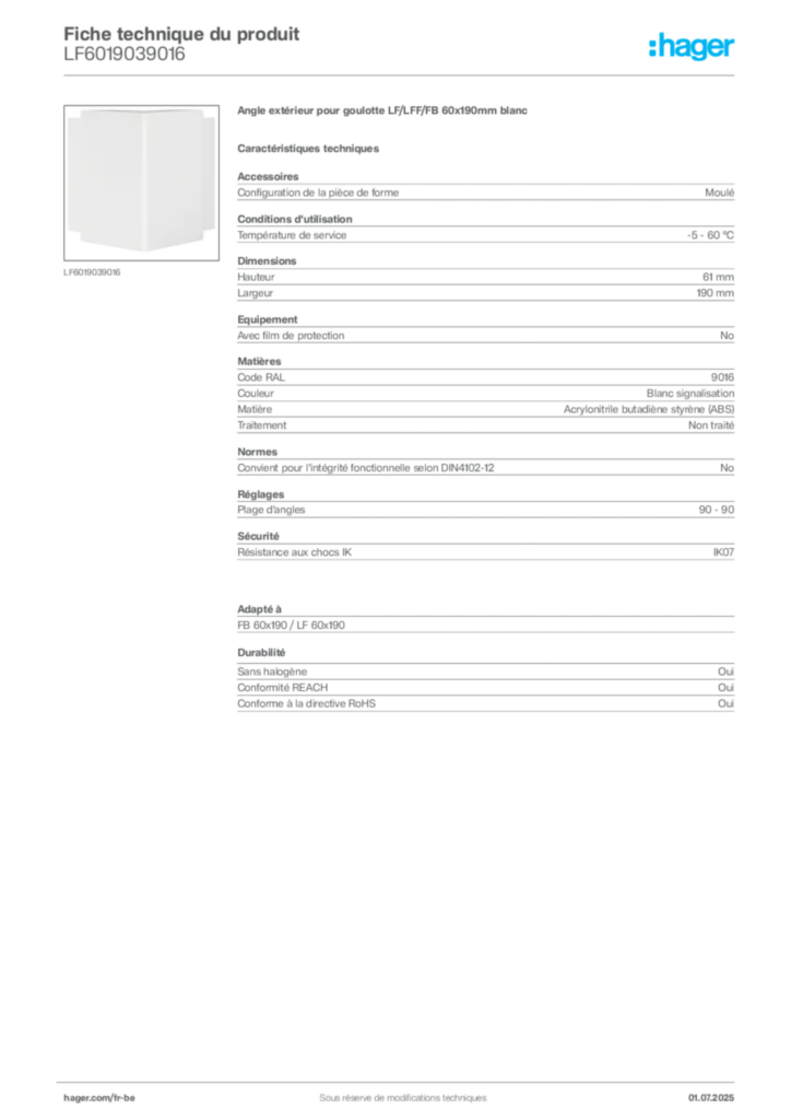 Image Hager Fiche technique du produit LF6019039016 | Hager Belgique