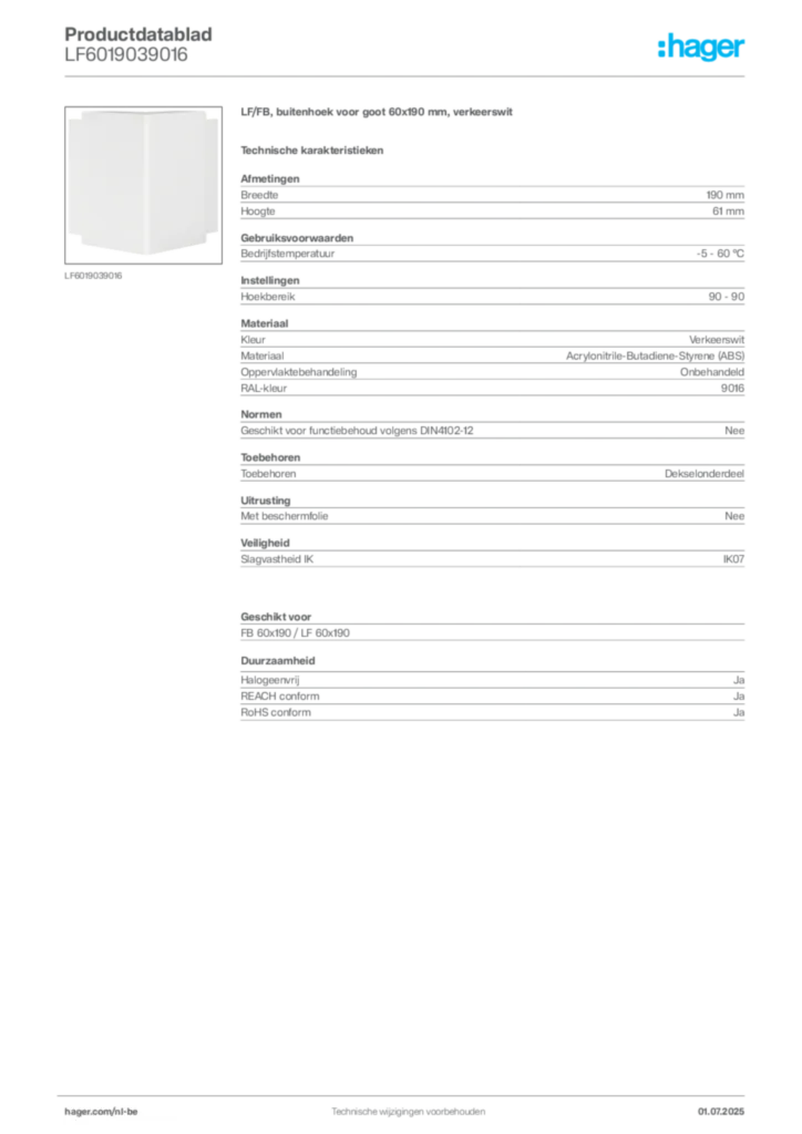 Afbeelding Hager Productdatablad LF6019039016 | Hager Belgium