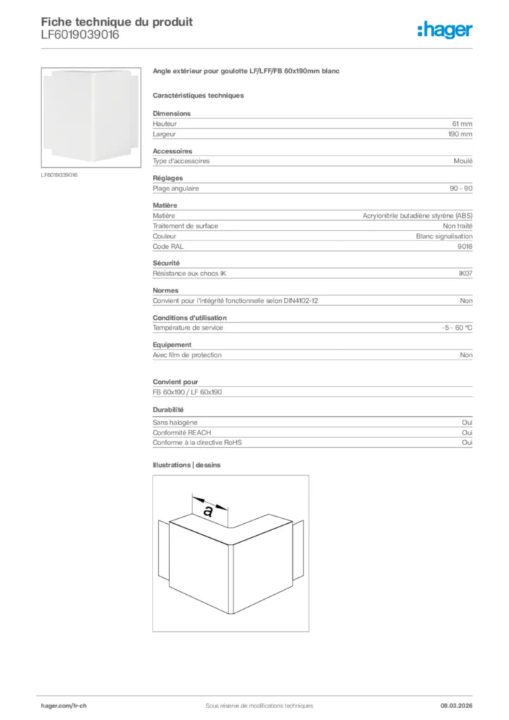 Image Hager Fiche technique du produit LF6019039016 | Hager Suisse