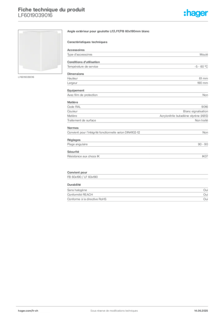 Image Hager Fiche technique du produit LF6019039016 | Hager Suisse