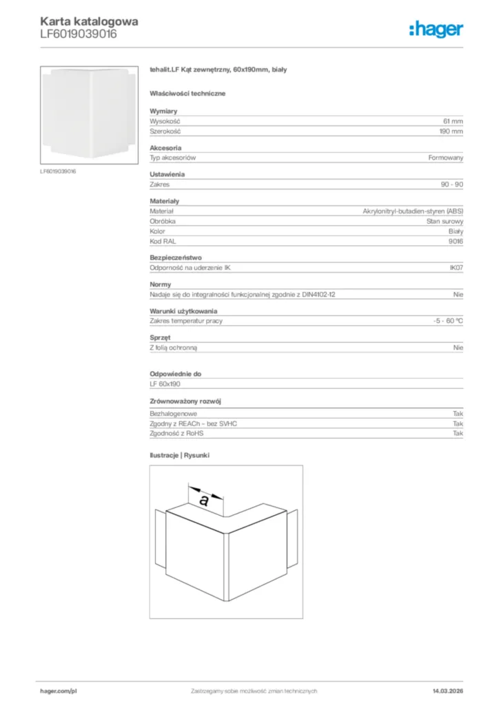 Zdjęcie Hager Karta katalogowa LF6019039016 | Hager Polska