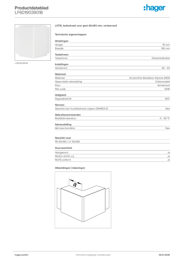 Afbeelding Hager Productdatablad LF6019039016 | Hager Nederland