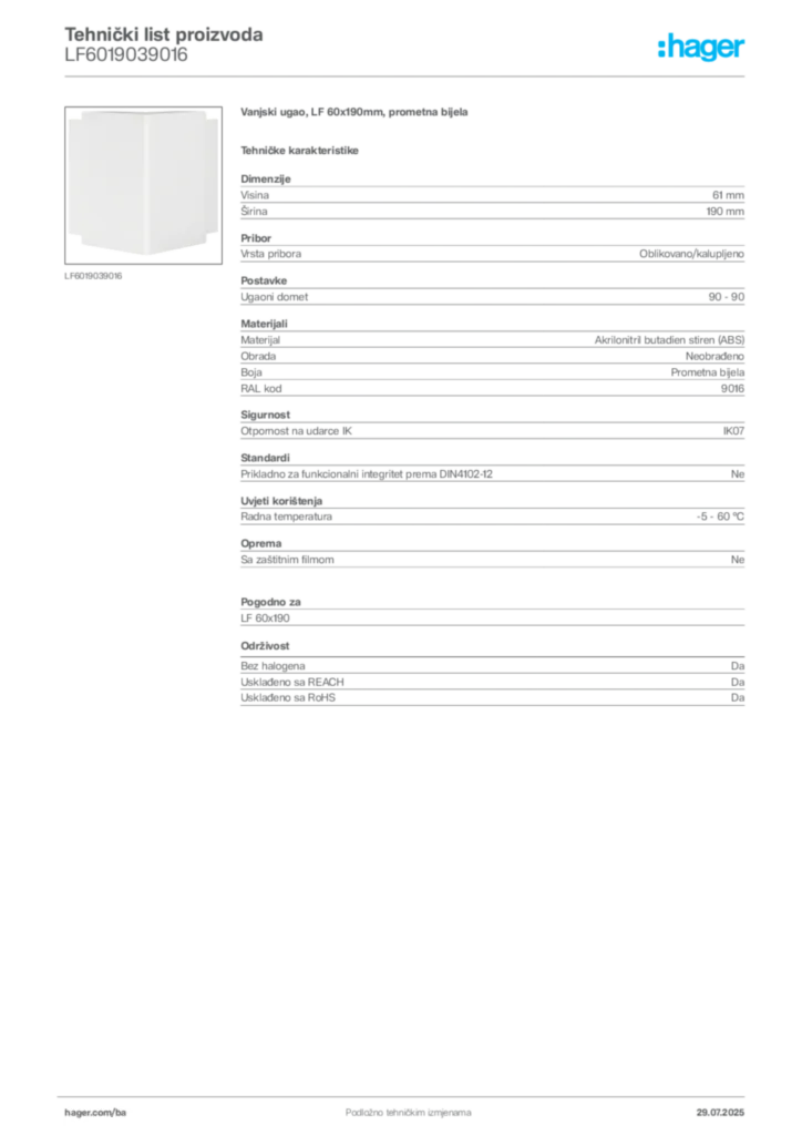 Slika Hager Product data sheet LF6019039016  | Hager