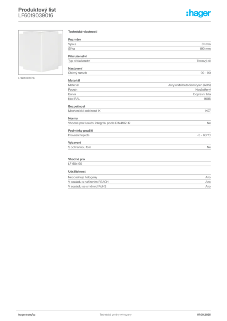 Obrázek Hager Produktový list LF6019039016 | Hager
