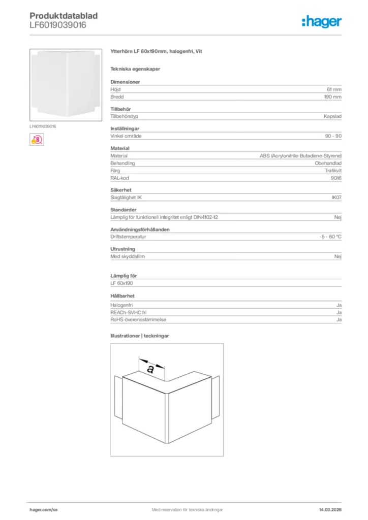 Bild Hager Produktdatablad LF6019039016 | Hager Sverige