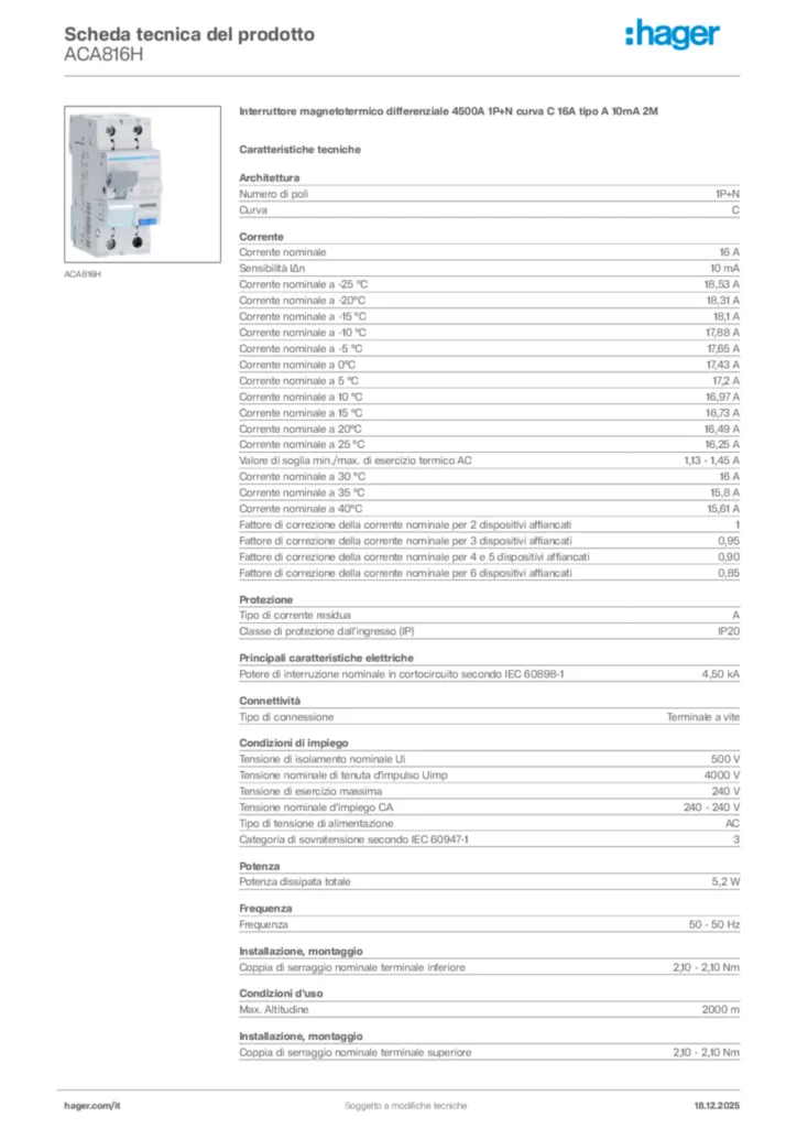 Immagine Hager Scheda tecnica del prodotto ACA816H | Hager Italia