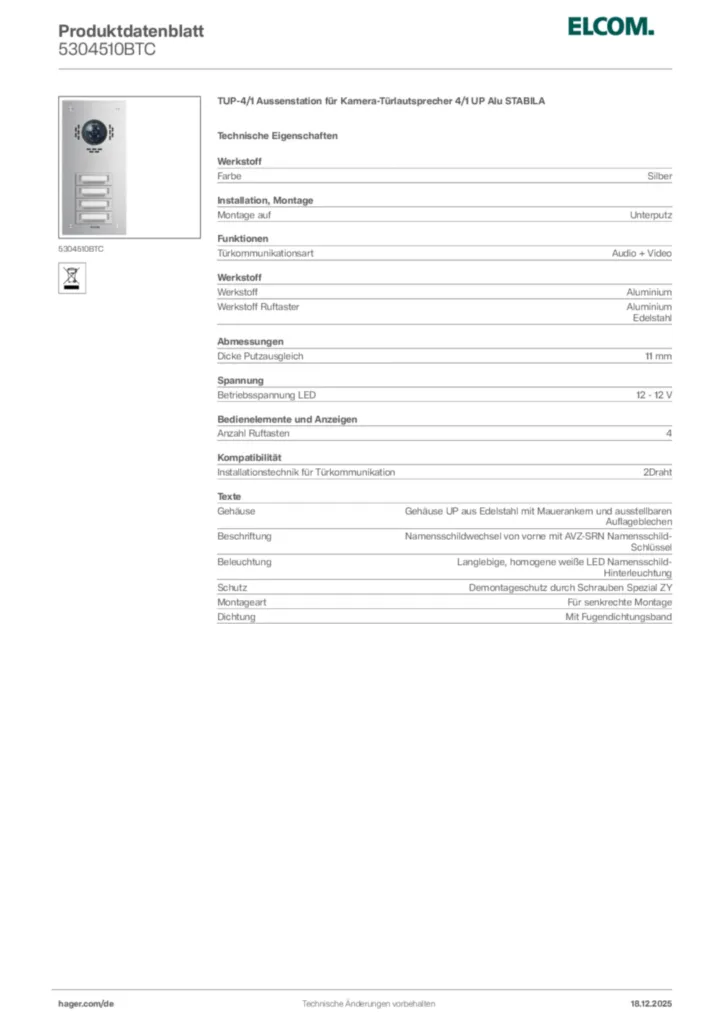 Bild Elcom Produktdatenblatt 5304510BTC | Hager Deutschland