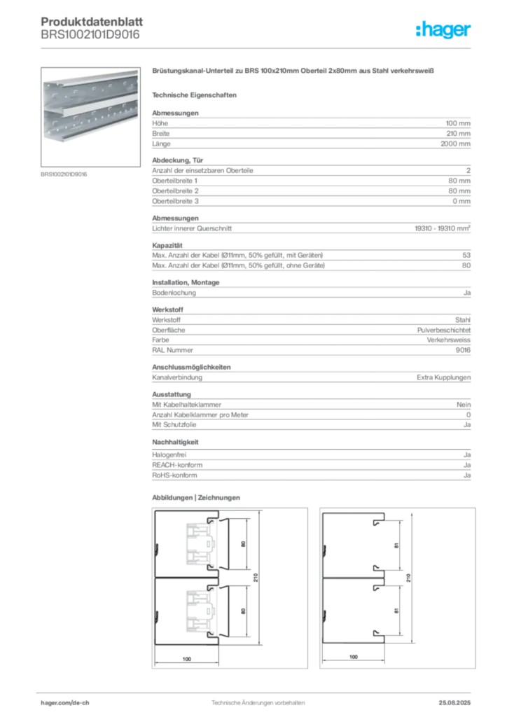 Bild Hager Produktdatenblatt BRS1002101D9016 | Hager Schweiz
