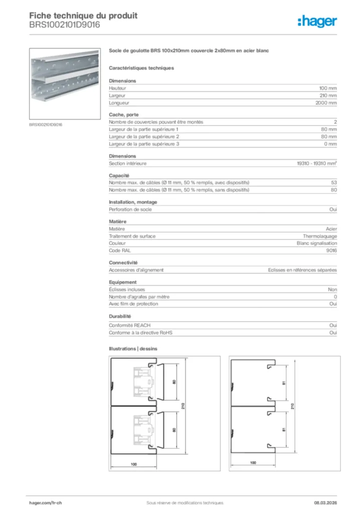 Image Hager Fiche technique du produit BRS1002101D9016 | Hager Suisse