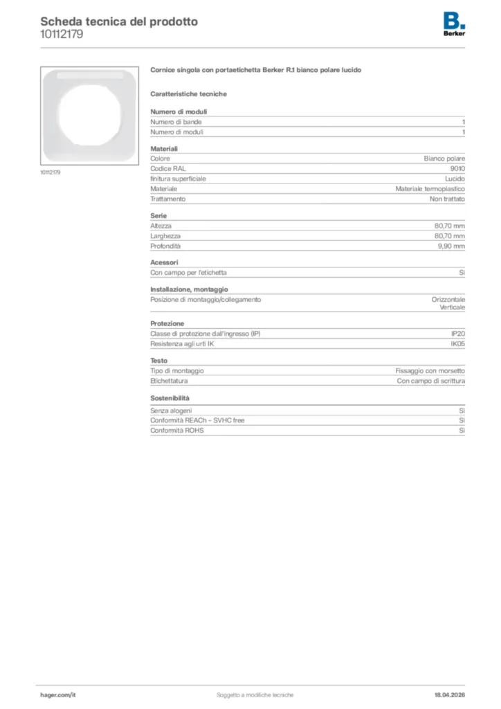 Immagine Berker Scheda tecnica del prodotto 10112179 | Hager Italia