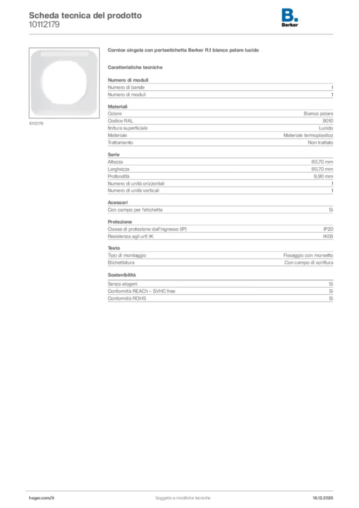 Immagine Berker Scheda tecnica del prodotto 10112179 | Hager Italia