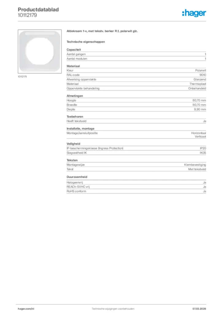 Afbeelding Hager Productdatablad 10112179 | Hager Nederland
