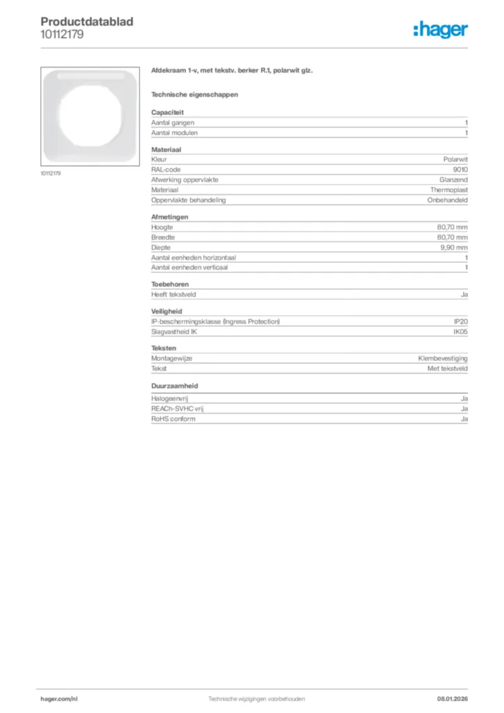 Afbeelding Hager Productdatablad 10112179 | Hager Nederland