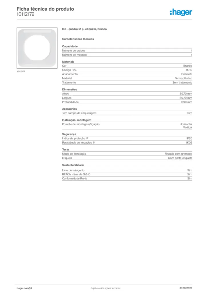 Imagem Hager Ficha técnica do produto 10112179 | Hager Portugal