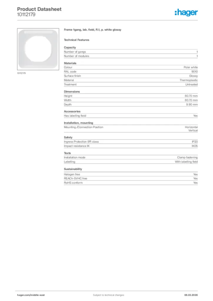 Image Hager Product data sheet 10112179  | Hager