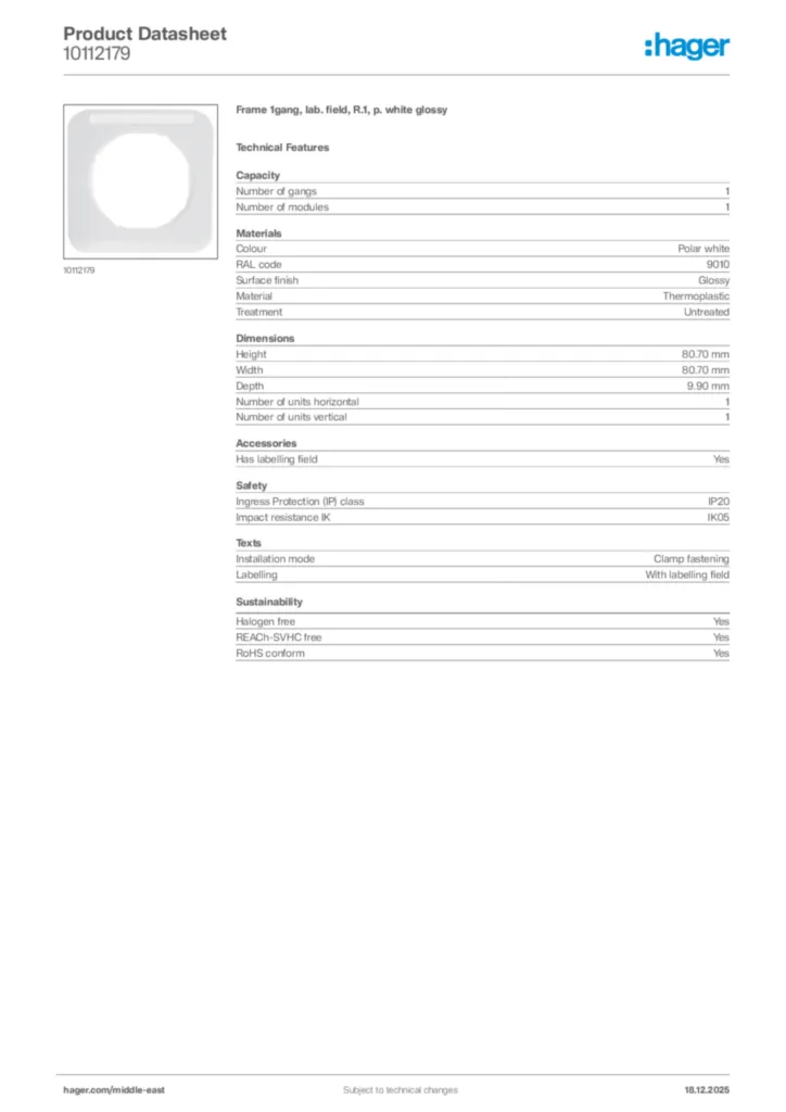 Image Hager Product data sheet 10112179  | Hager