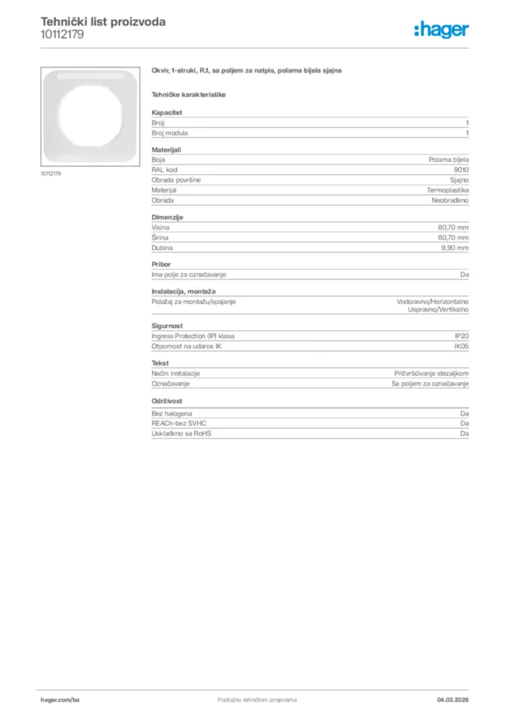 Slika Hager Tehnički list proizvoda 10112179  | Hager