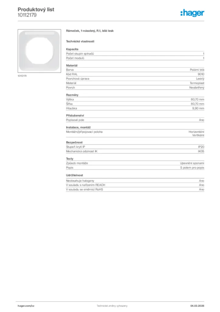 Obrázek Hager Product data sheet 10112179 | Hager