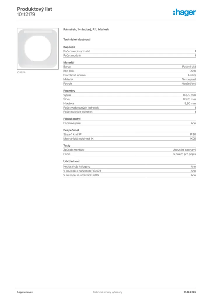 Obrázek Hager Produktový list 10112179 | Hager