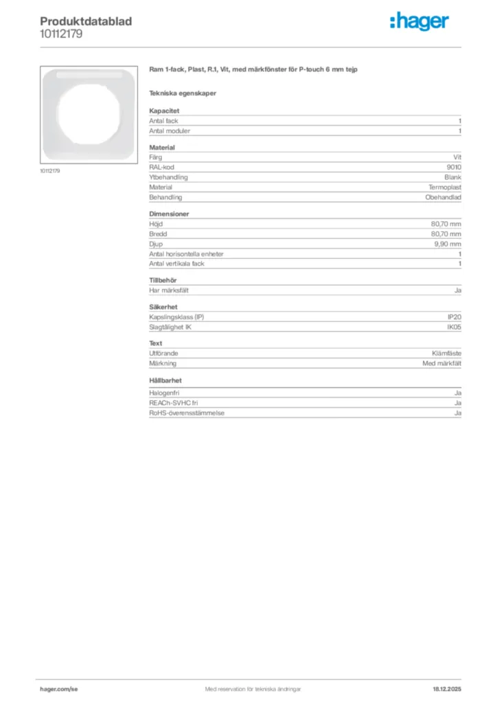 Bild Hager Produktdatablad 10112179 | Hager Sverige