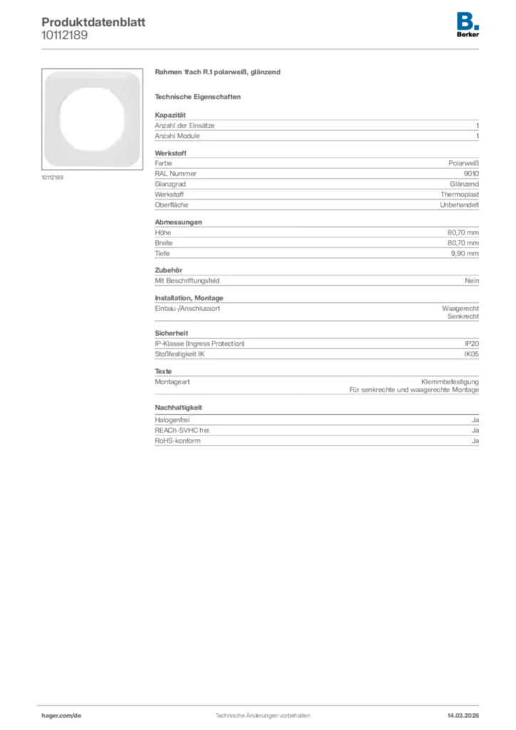 Bild Berker Produktdatenblatt 10112189 | Hager Deutschland