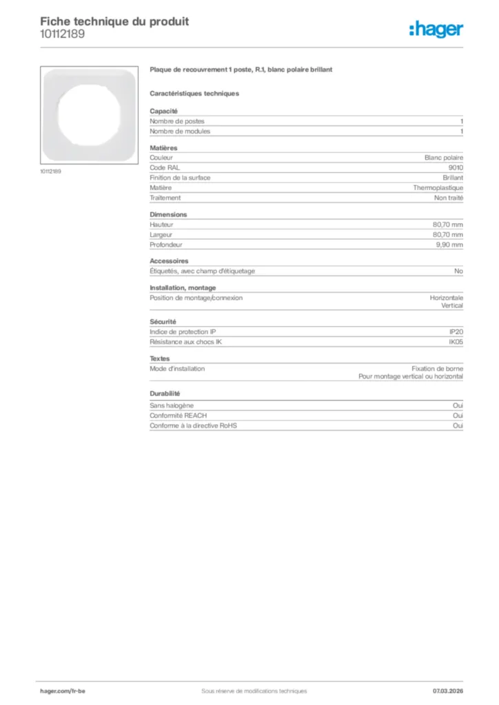 Image Hager Fiche technique du produit 10112189 | Hager Belgique